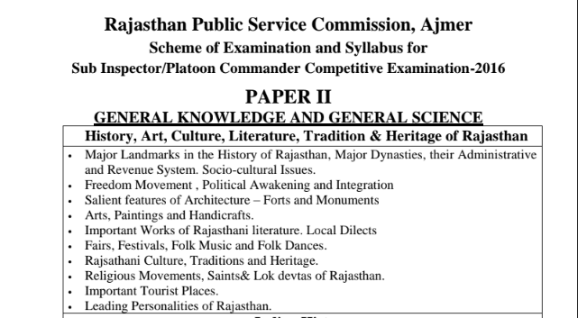 Rajasthan RPSC SI platoon commander syllabus 2021