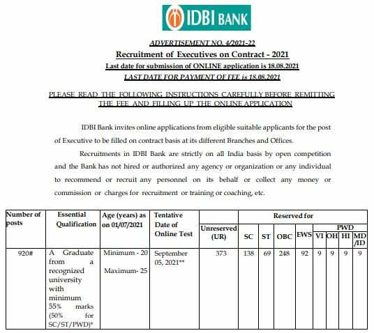 IDBI Bank Bharti 2021 Notification